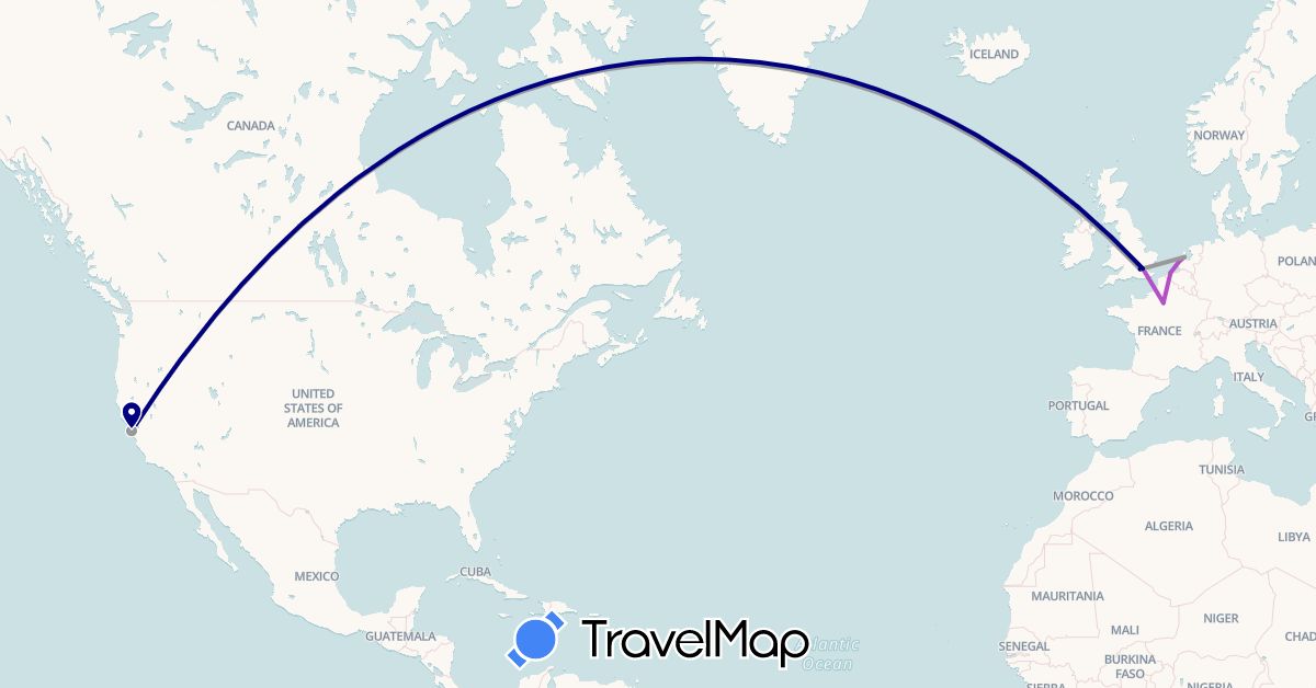 TravelMap itinerary: driving, plane, train in Belgium, France, United Kingdom, Netherlands, United States (Europe, North America)